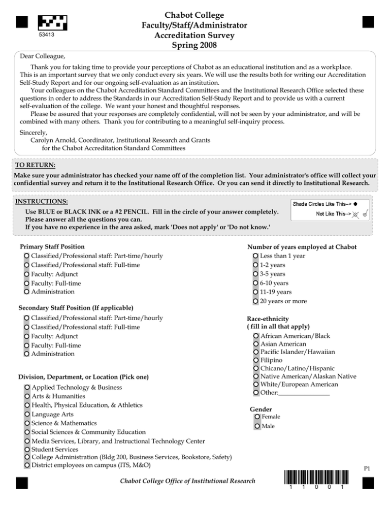 Chabot College Faculty/Staff/Administrator Accreditation Survey Spring 2008