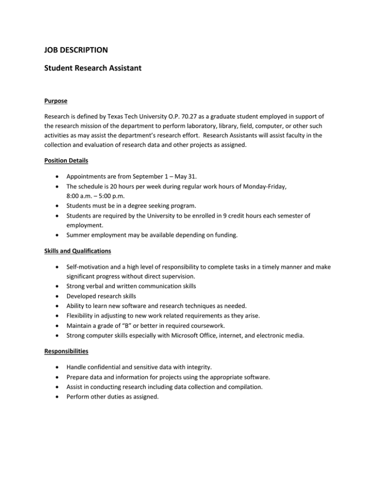 student assistant job description for resume
