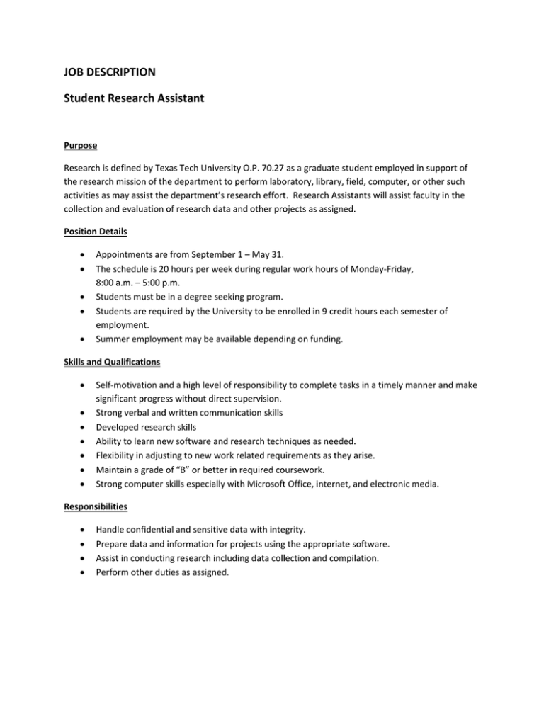 JOB DESCRIPTION Student Research Assistant