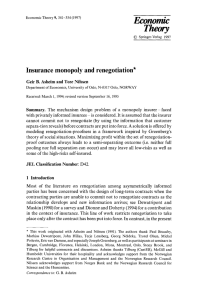 Theory Econom/c Insurance monopoly and renegotiation* Geir B. Asheim and Tore Nilsscn