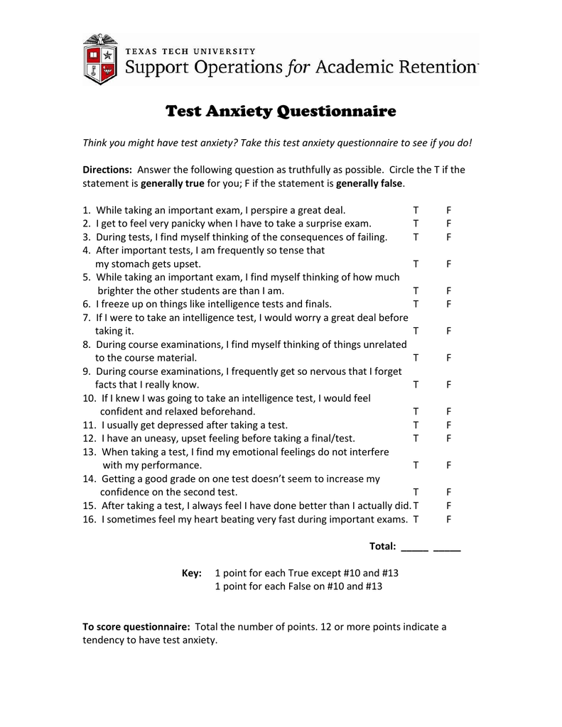 Anxiety Questionnaire Printable For Adults