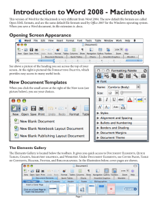Introduction to Word 2008 - Macintosh Opening Screen Appearance