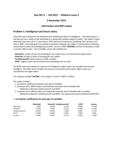 Stat 301 A  -- Fall 2015  -- Midterm... 3 November 2015 Information and JMP output