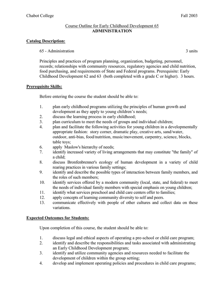 Chabot College Fall 2003 Course Outline For Early Childhood Development 65