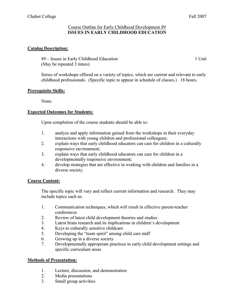 Chabot College Fall 2007 Course Outline For Early Childhood Development 89