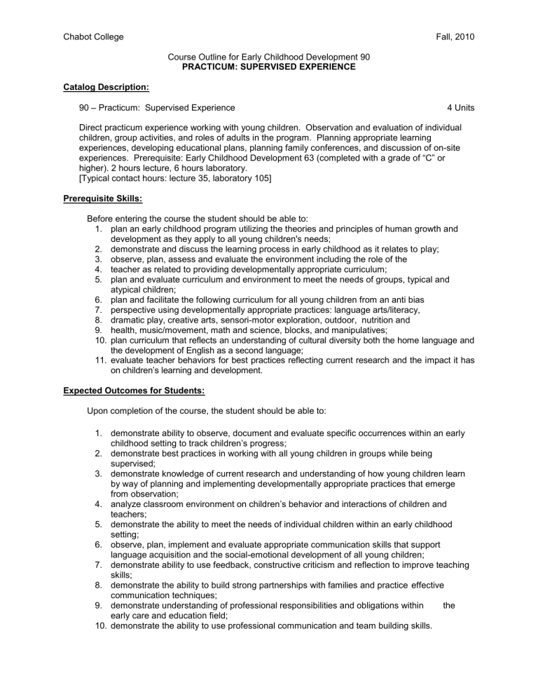 Chabot College Fall 2010 Course Outline For Early Childhood Development 90