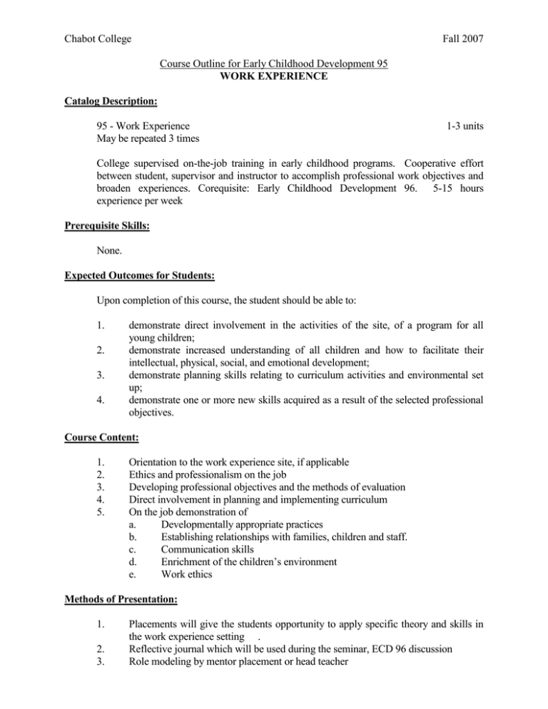 Chabot College Fall 2007 Course Outline For Early Childhood Development 95