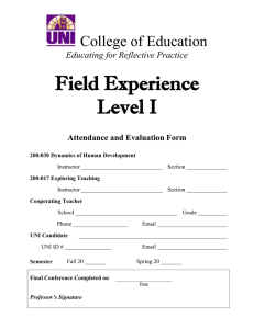 Field Experience Level I College of Education Educating for Reflective Practice