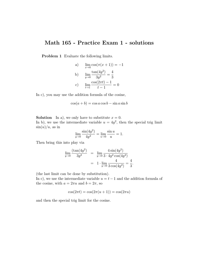 Math 165 Practice Exam 1 Solutions