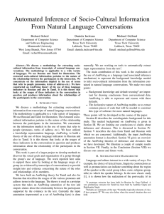 Automated Inference of Socio-Cultural Information From Natural Language Conversations Richard Scherl Daniela Inclezan