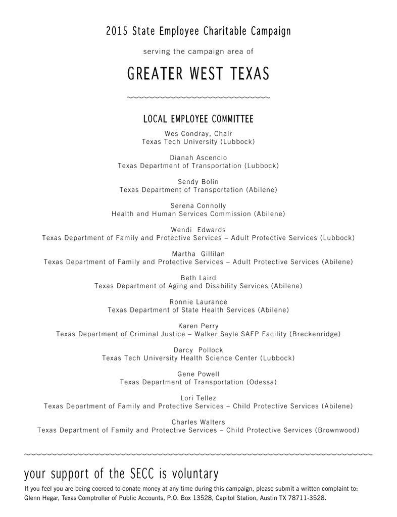 grEatEr wESt tExaS 2015 State Employee Charitable Campaign LoCaL