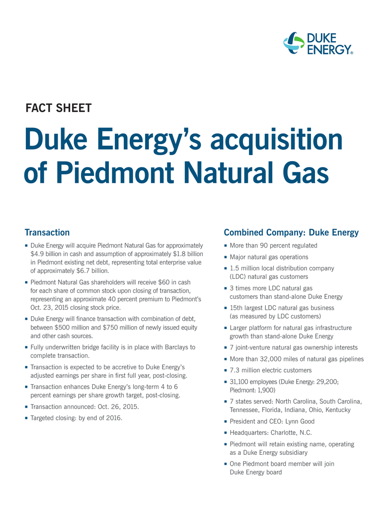 Duke Energy S Acquisition Of Piedmont Natural Gas Fact Sheet Transaction