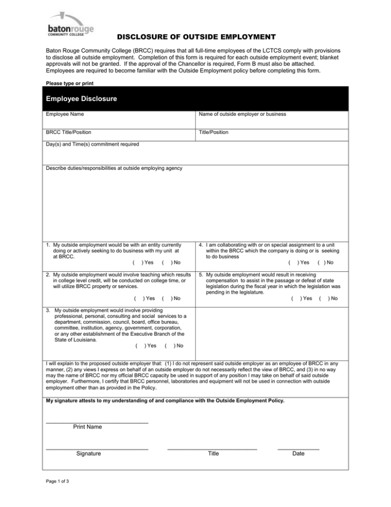 DISCLOSURE OF OUTSIDE EMPLOYMENT