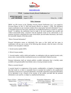 Policy No.  3.1009 TITLE:  Louisiana Security Breach Notification Law