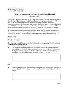 Kutztown University Waiver of Requirement to Obtain Signed Informed Consent Request Form