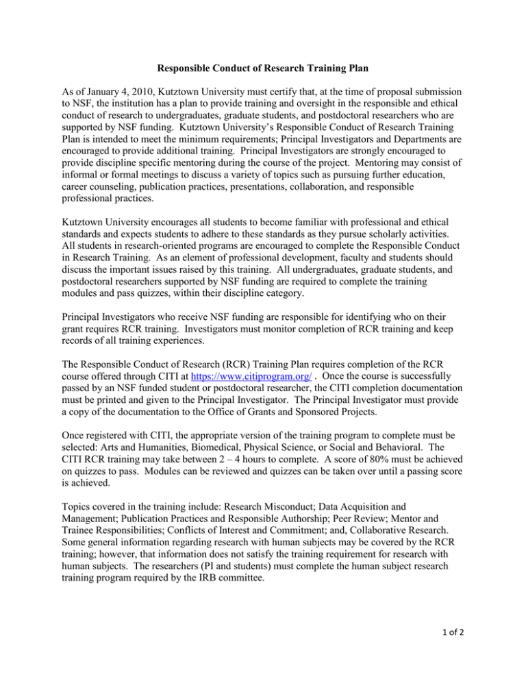 Responsible Conduct Of Research Training Plan