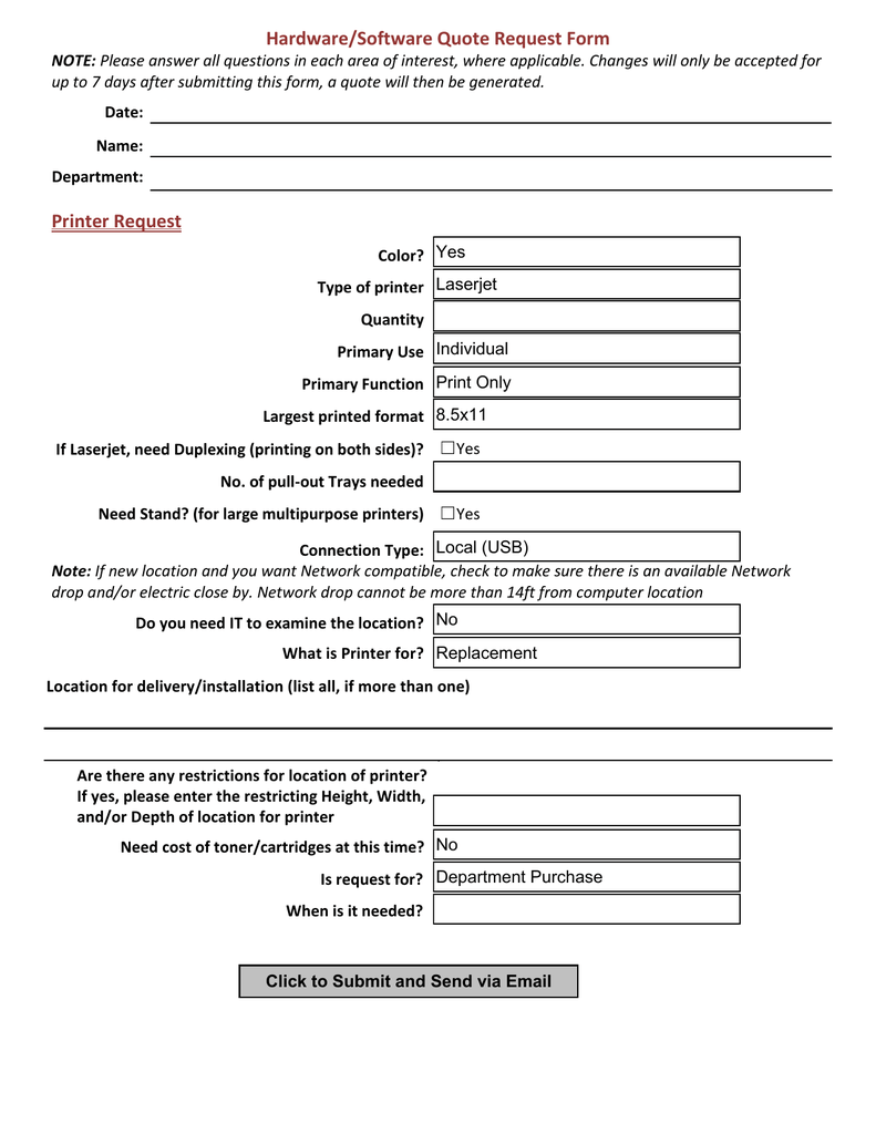 Hardware Software Quote Request Form Printer Request