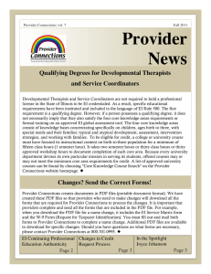 Provider News Qualifying Degrees for Developmental Therapists and Service Coordinators
