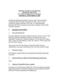 The Regular Meeting of the Board of Trustees of St.... College was held on Thursday, September 25, 2003, at the... MINUTES OF REGULAR MEETING