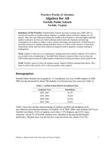 Algebra for All Norfolk Public Schools Practices Worthy of Attention Norfolk, Virginia