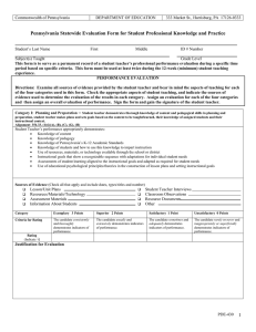 Pennsylvania Statewide Evaluation Form for Student Professional Knowledge and Practice