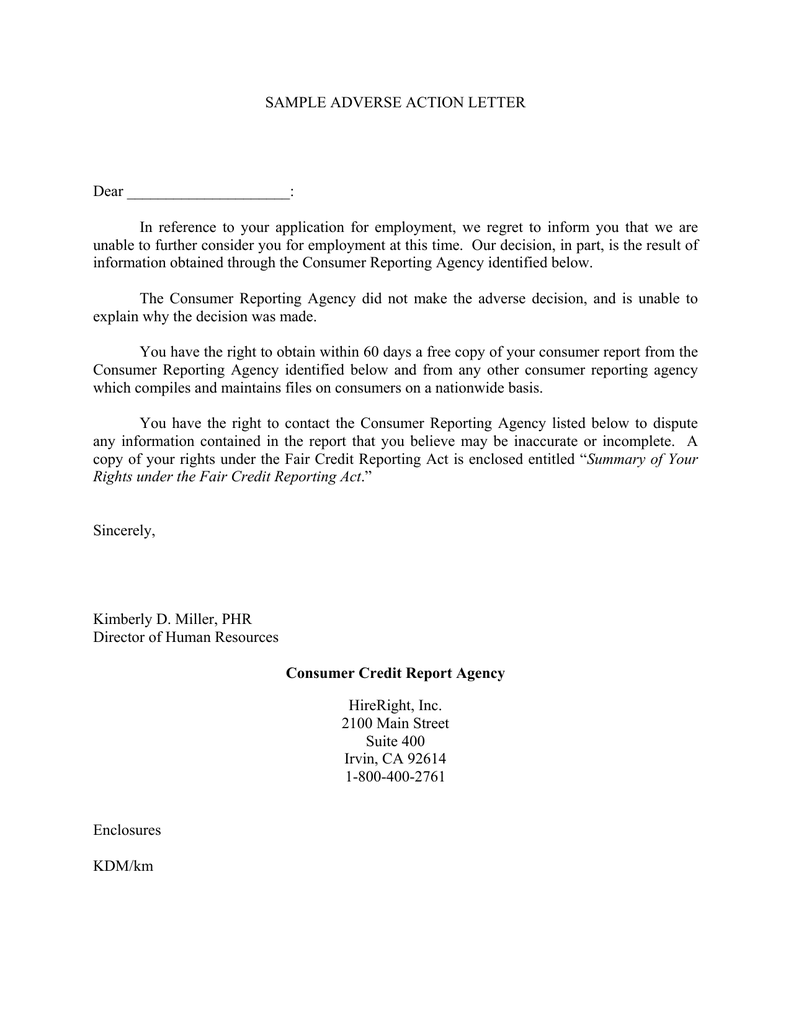 SAMPLE ADVERSE ACTION LETTER Dear