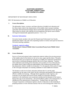 DEPARTMENT OF SECONDARY EDUCATION EDU 326 Introduction to Middle Level Education