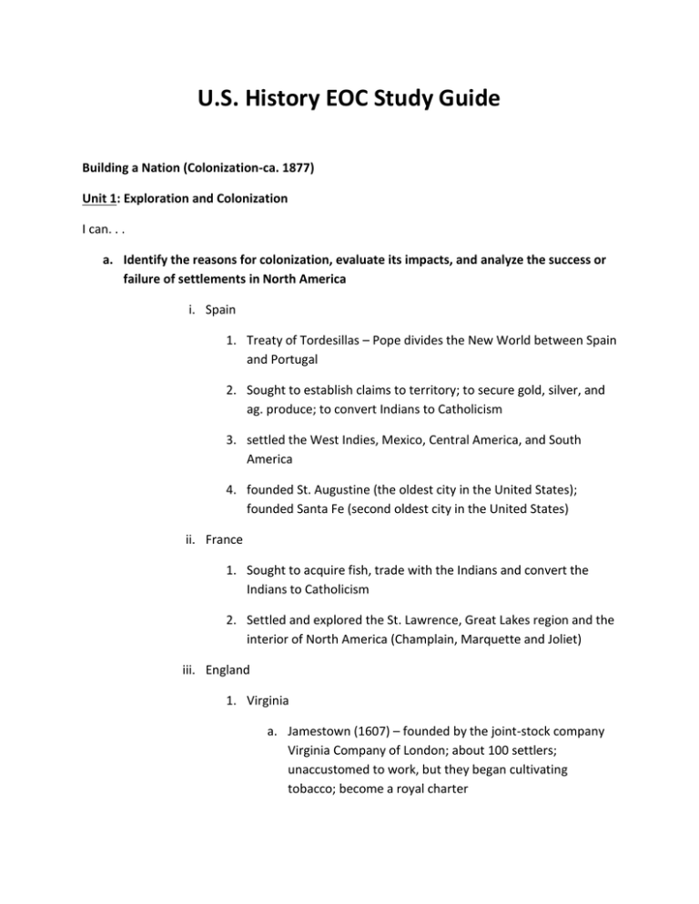 U S History EOC Study Guide U S History EOC Study Guide