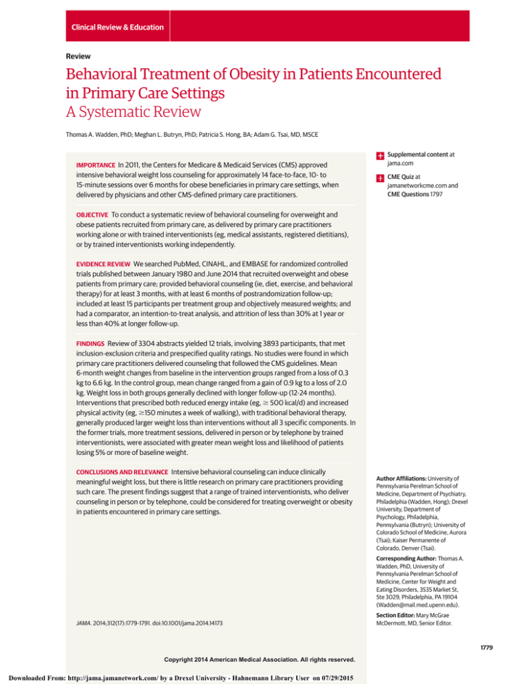 Behavioral Treatment Of Obesity In Patients Encountered In Primary Care Settings