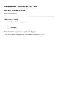 Homework and Class Work for ENG 100A Tuesday, January 23, 2013