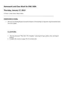 Homework and Class Work for ENG 100A Thursday, January 17, 2013 •