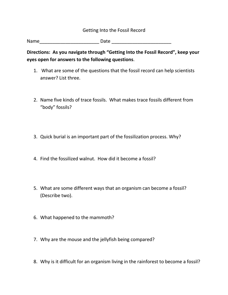 Fossil worksheet answers record the Fossils and