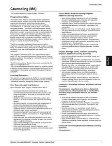 Counseling (MA) Program Description Clinical Mental Health Counseling Emphasis Additional Learning Outcomes