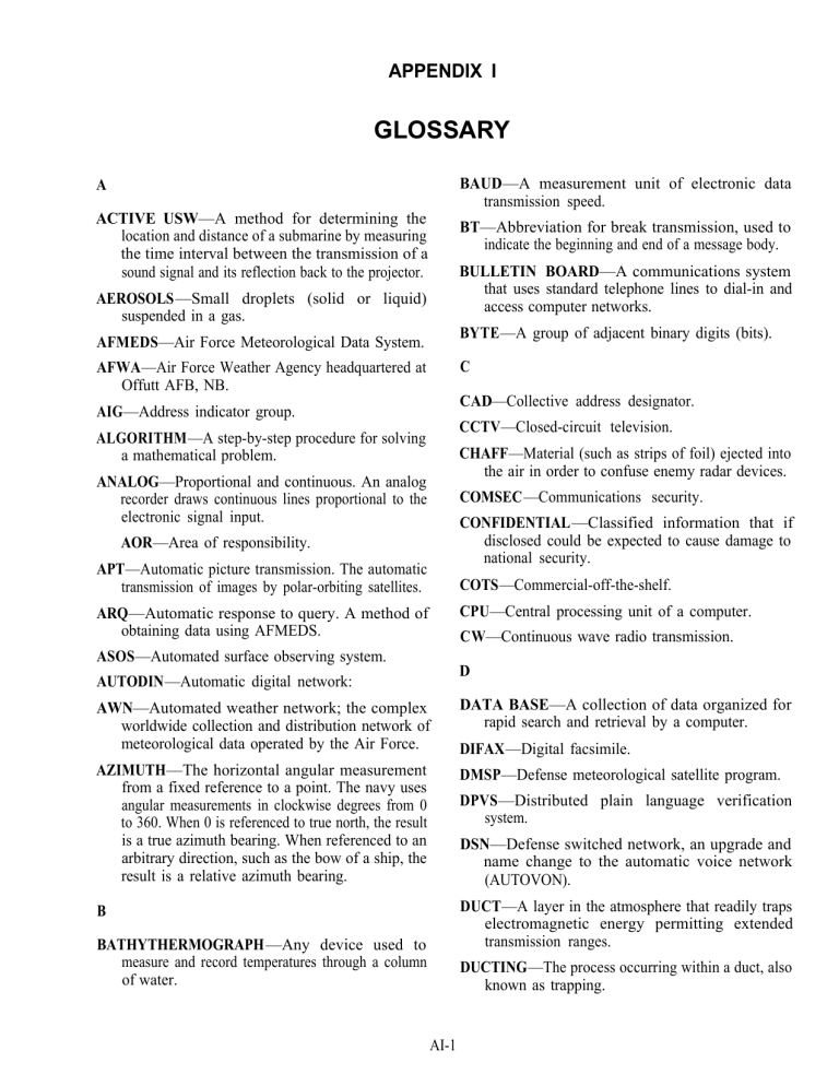 GLOSSARY APPENDIX I