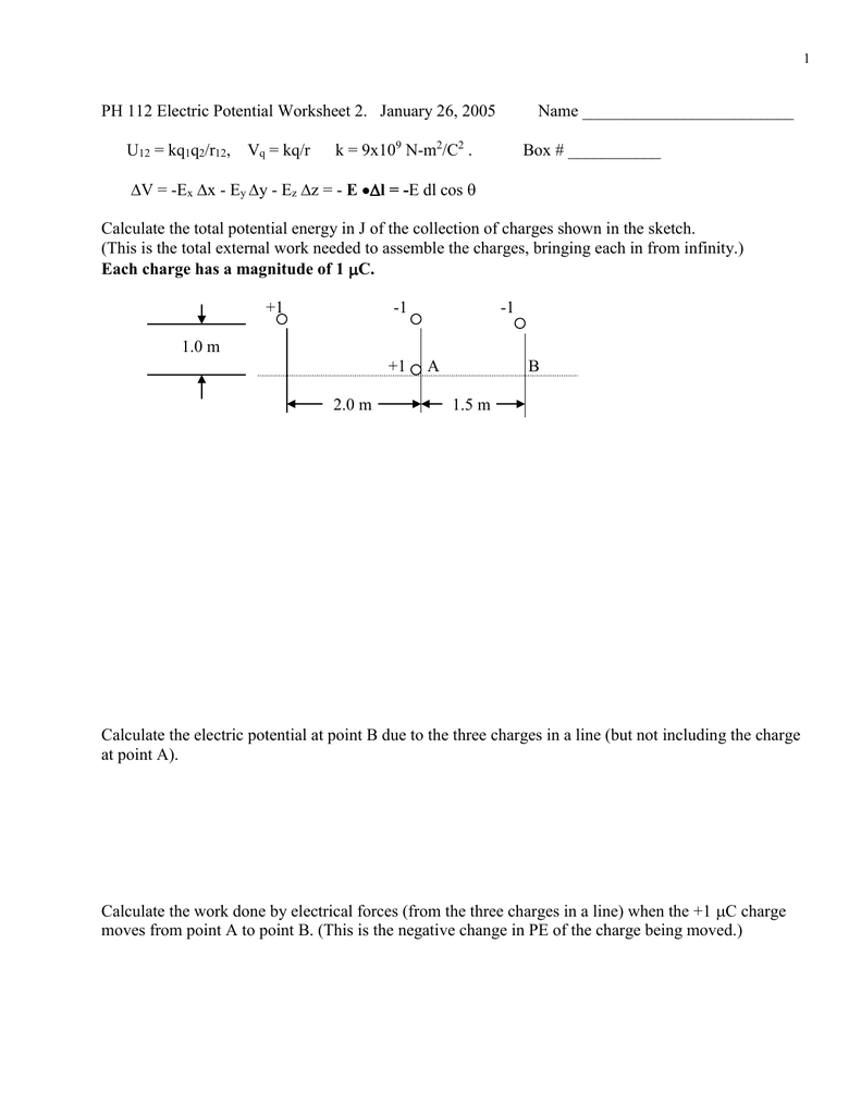 Ph 112 Electric Potential Worksheet 2 January 26 U Kq