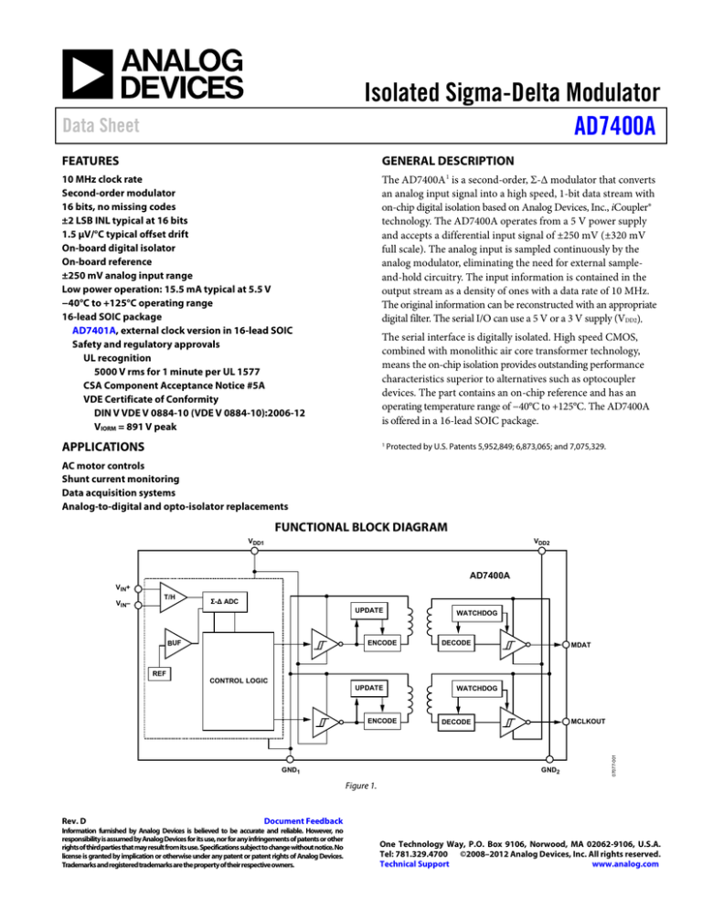 Isolated SigmaDelta Modulator AD7400A Data Sheet FEATURES