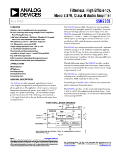 Filterless, High Efficiency, Mono 2.8 W, Class-D Audio Amplifier SSM2305 Data Sheet