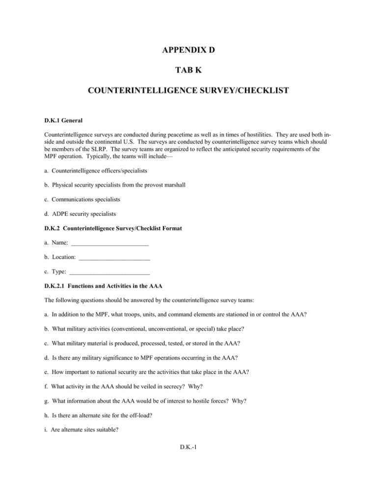 APPENDIX D TAB K COUNTERINTELLIGENCE SURVEY/CHECKLIST