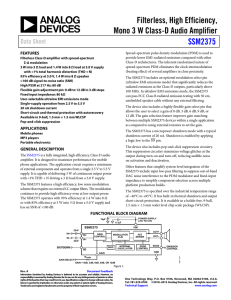 Filterless, High Efficiency, Mono 3 W Class-D Audio Amplifier SSM2375 Data Sheet