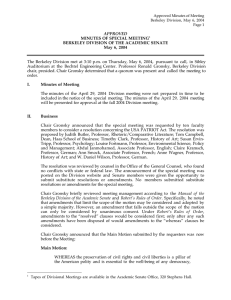 APPROVED MINUTES OF SPECIAL MEETING BERKELEY DIVISION OF THE ACADEMIC SENATE