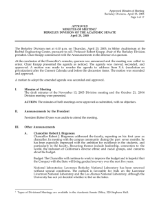 APPROVED MINUTES OF MEETING BERKELEY DIVISION OF THE ACADEMIC SENATE April 25, 2005