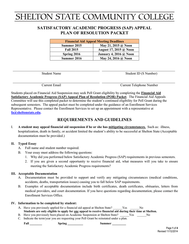 SATISFACTORY ACADEMIC PROGRESS SAP APPEAL PLAN OF RESOLUTION PACKET
