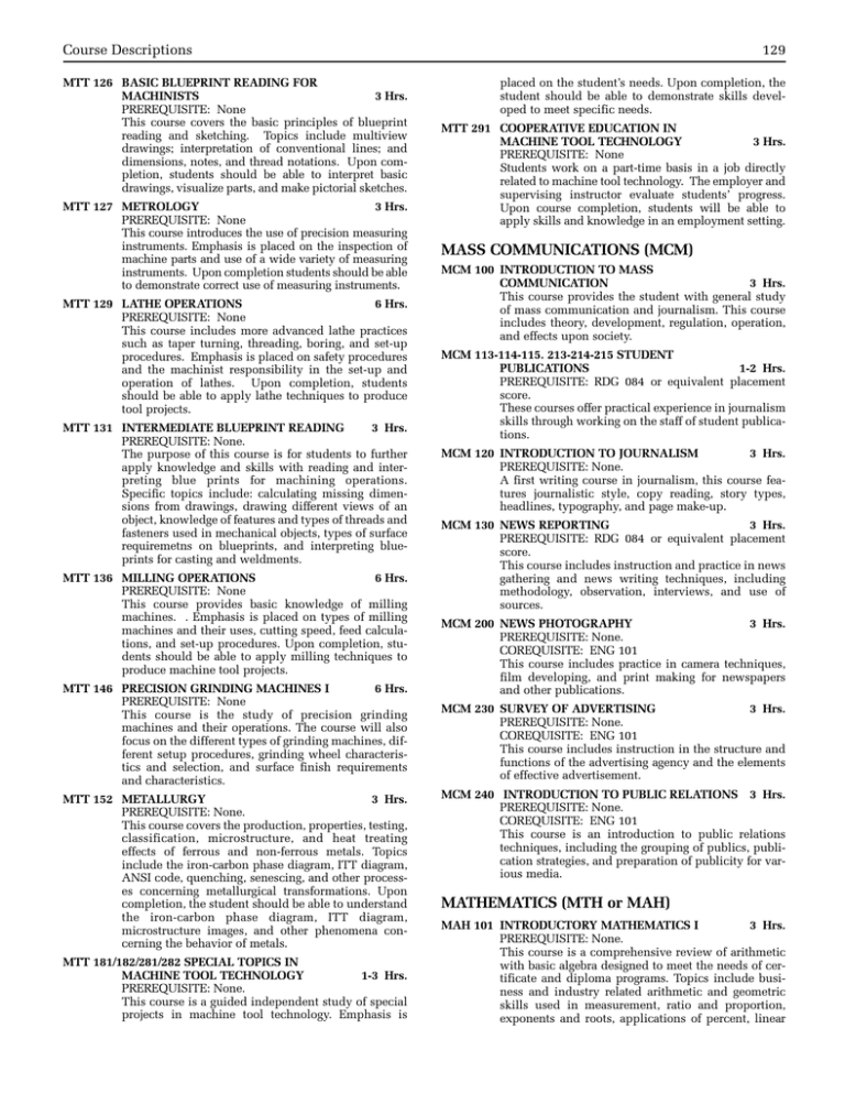 MTT 126 BASIC BLUEPRINT READING FOR MACHINISTS 3 Hrs.