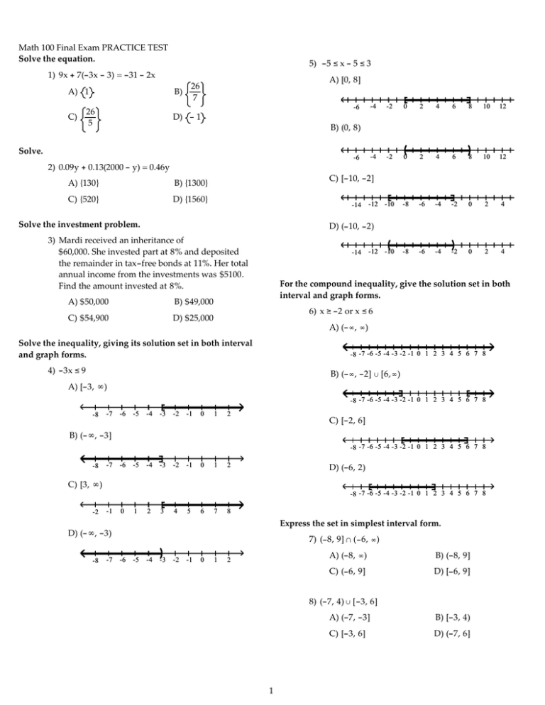 Math 100 Final Exam Practice Test 1 9x 7 3x 3 31 2x 26 A 1