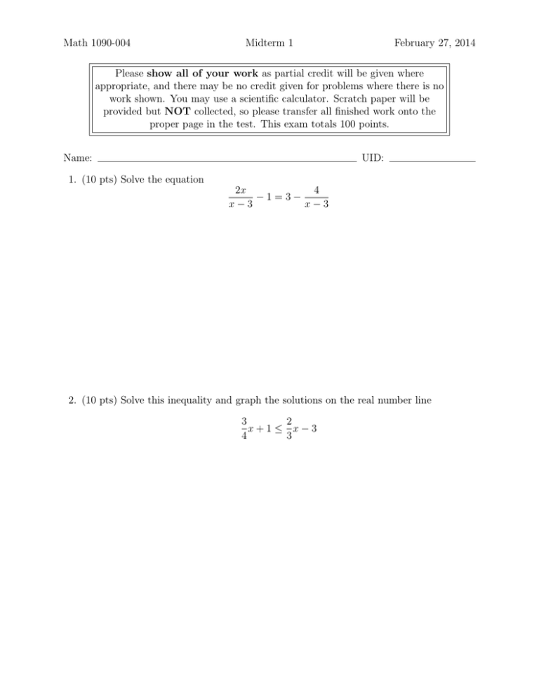 Math 1090-004 Midterm 1 February 27, 2014