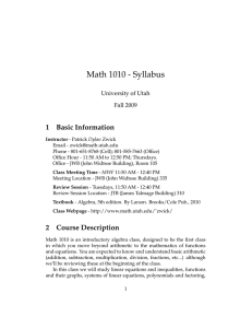 Math 1010 - Syllabus 1 Basic Information University of Utah