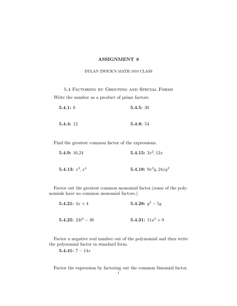 Assignment 8 5 4 Factoring By Grouping And Special Forms