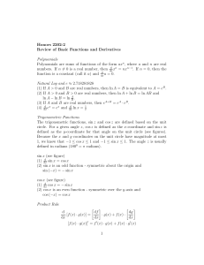 Honors 2202-2 Review of Basic Functions and Derivatives Polynomials