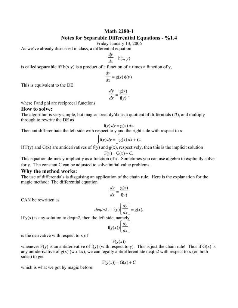 Math 2280 1 Notes For Separable Differential Equations 1 4
