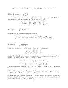 Mathematics 1220-90 Summer, 2003, Final Examination Answers ln x Z